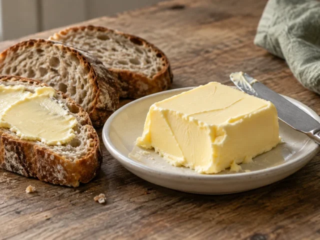 Beurre présenté dans une assiette en céramique avec des tranches de pain