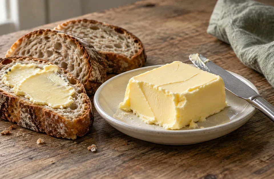 Beurre présenté dans une assiette en céramique avec des tranches de pain