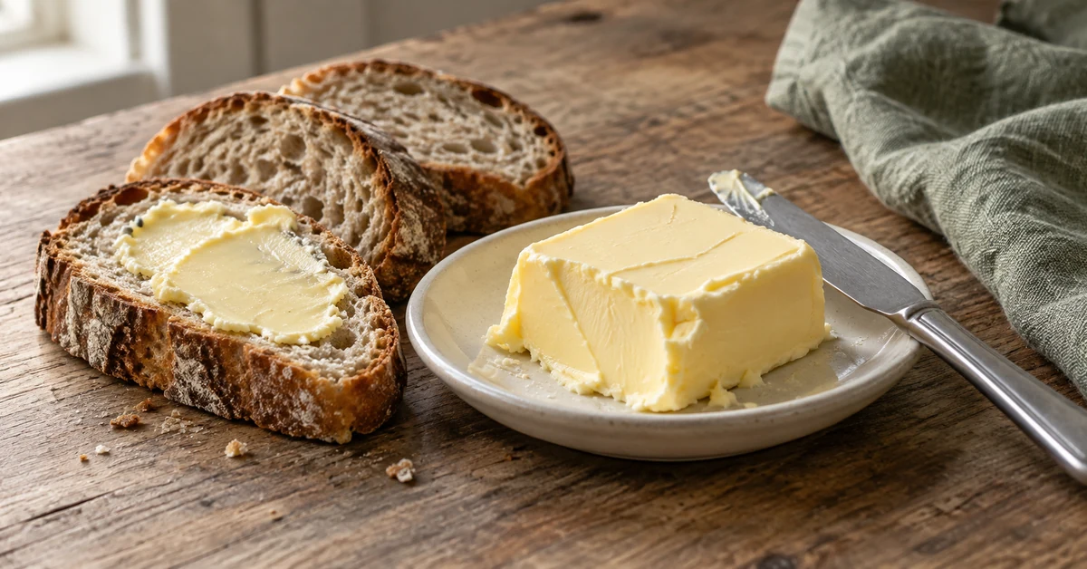 Beurre présenté dans une assiette en céramique avec des tranches de pain