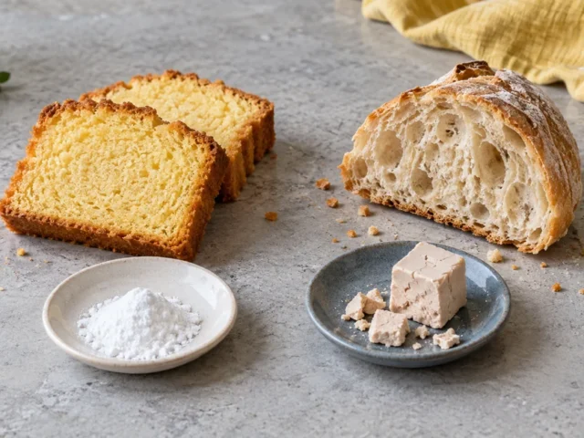 Pain, gâteau et ingrédients de pâtisserie disposés sur une table