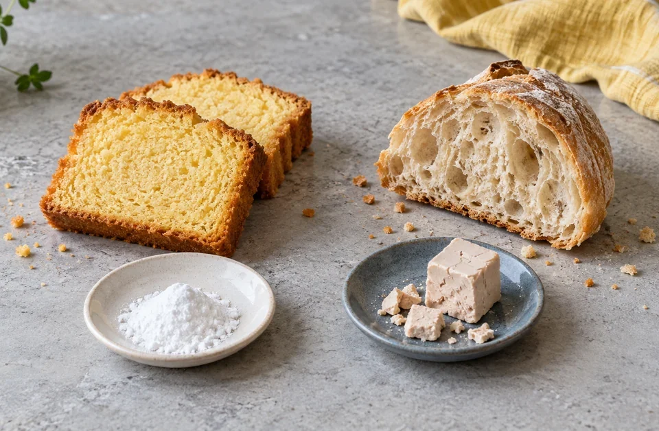 Pain, gâteau et ingrédients de pâtisserie disposés sur une table
